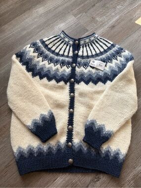 The Hand Knitting Assoc of Iceland Style Pure Wool Cardigan Sweater Navy Blue XL